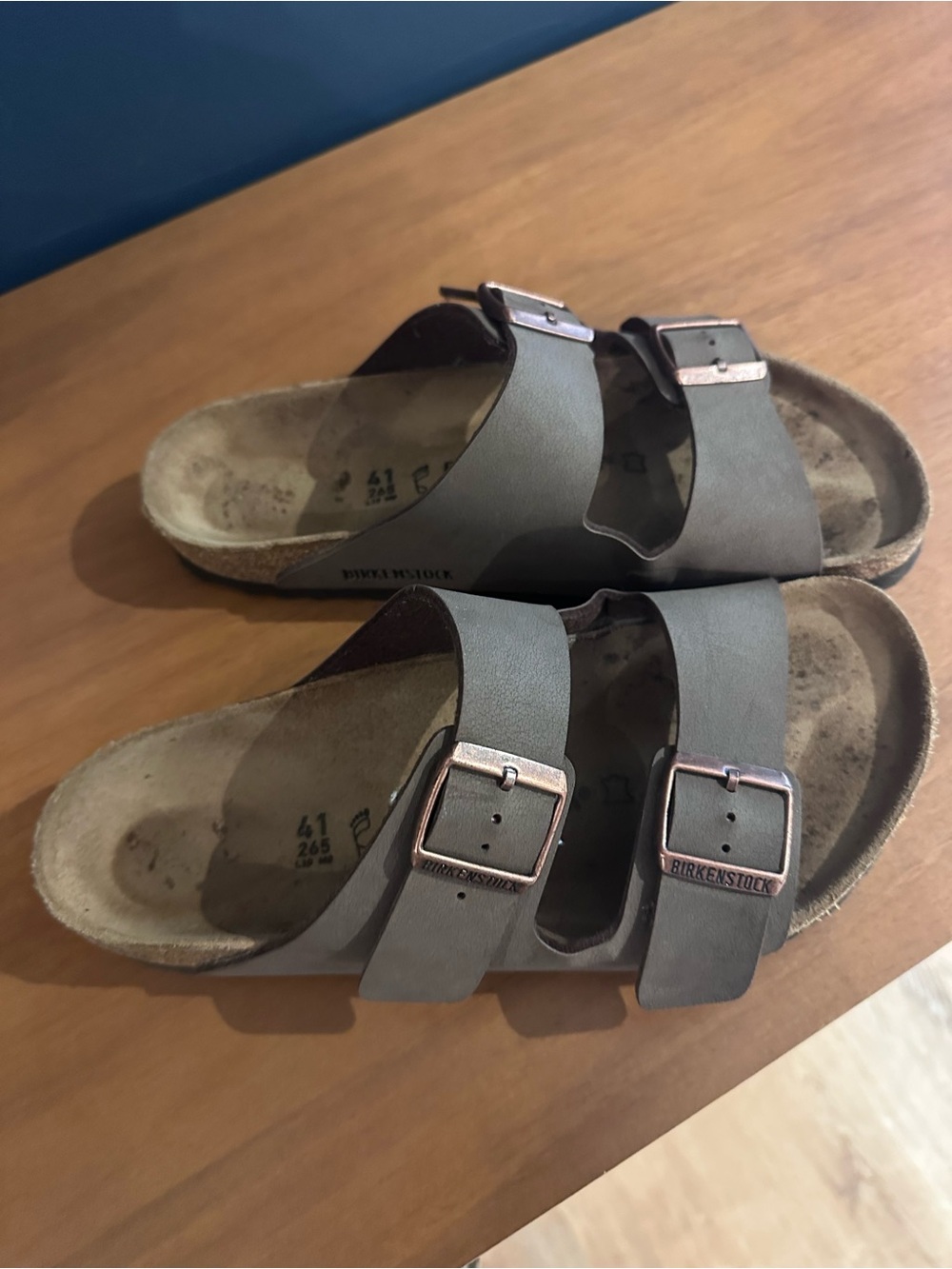 Birkenstock Olive Two-Strap Arizona Sandals with Rose Gold Buckles